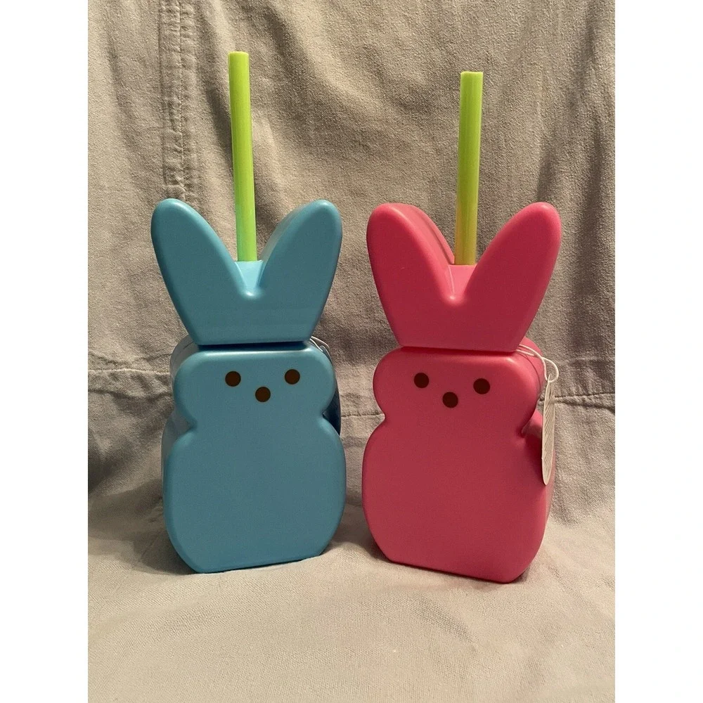 NEW Set of 2 Easter PEEPS Bunny Tumblers Cups‎ w/Lid and Straw 14 oz by Zak!